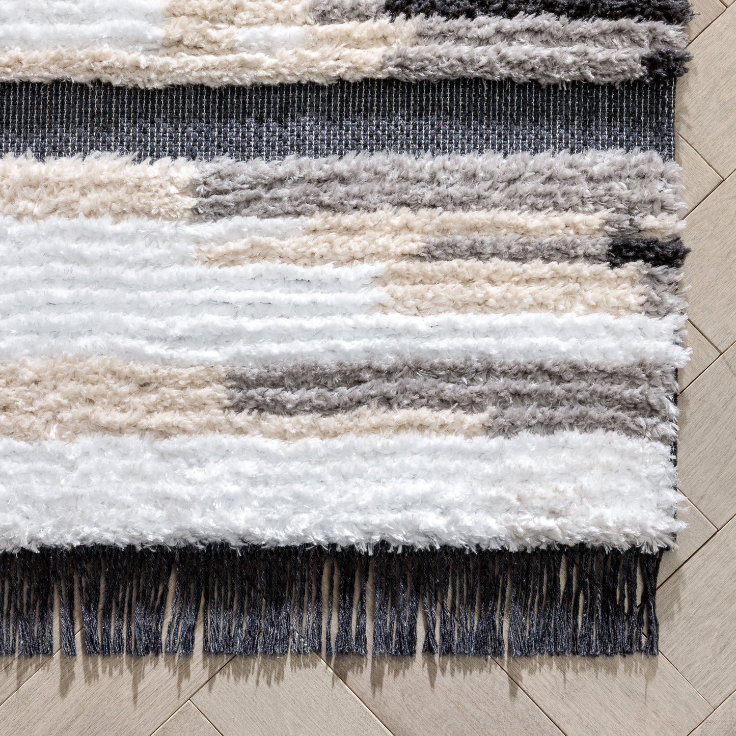 Tiva Tribal Geometric Stripes Grey High-Low Textured Pile Rug MYA-57