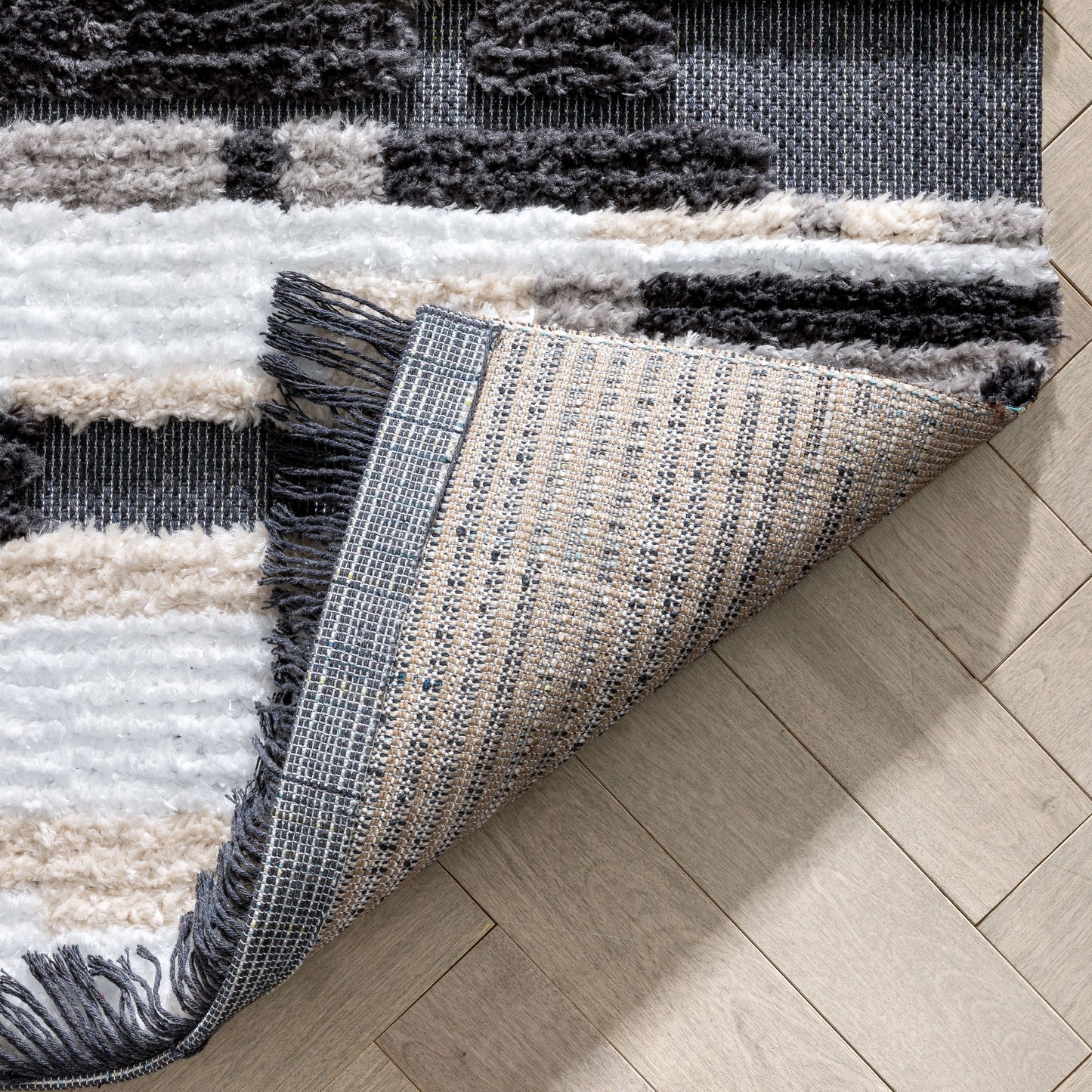 Tiva Tribal Geometric Stripes Grey High-Low Textured Pile Rug MYA-57
