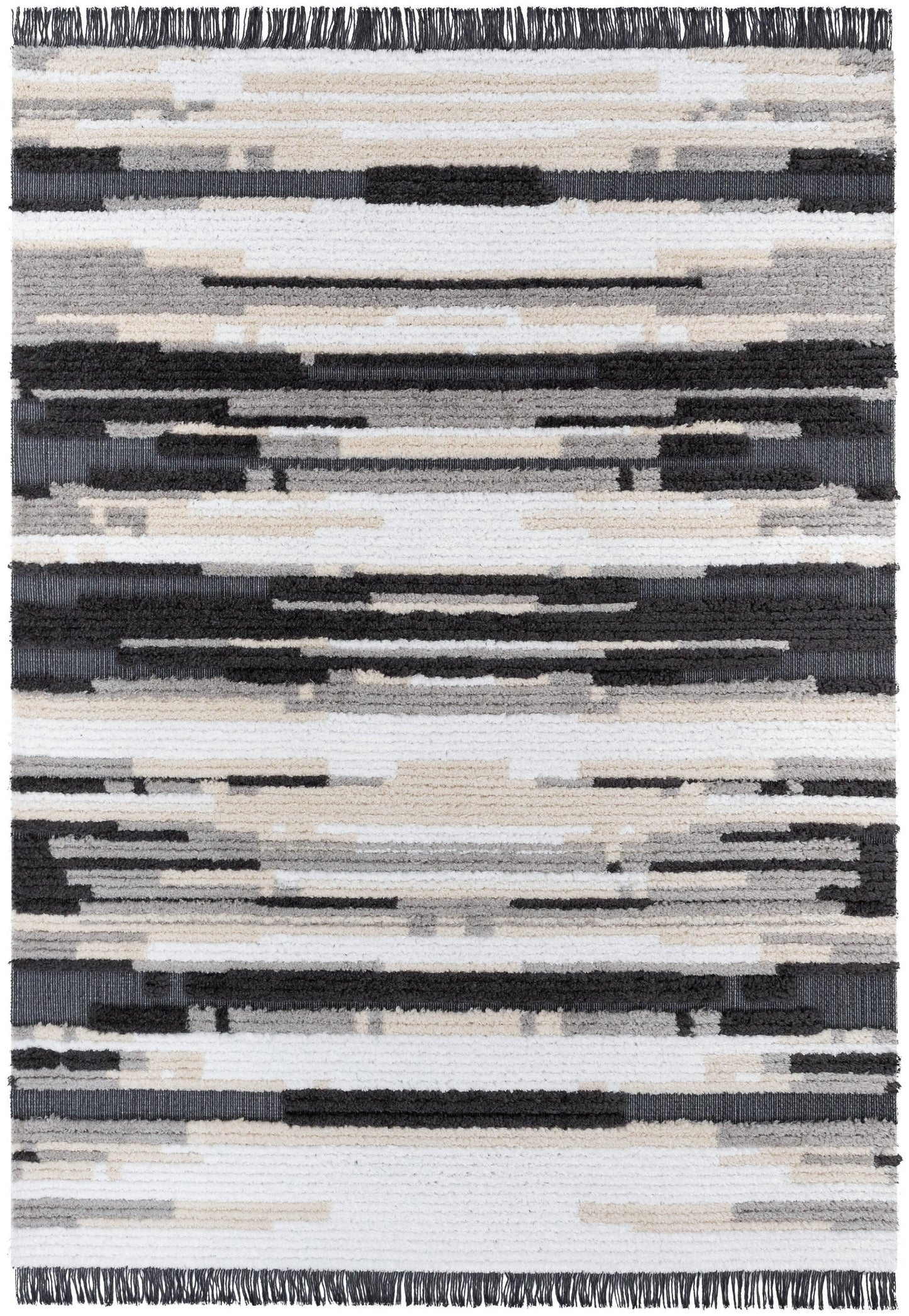 Tiva Tribal Geometric Stripes Grey High-Low Textured Pile Rug MYA-57
