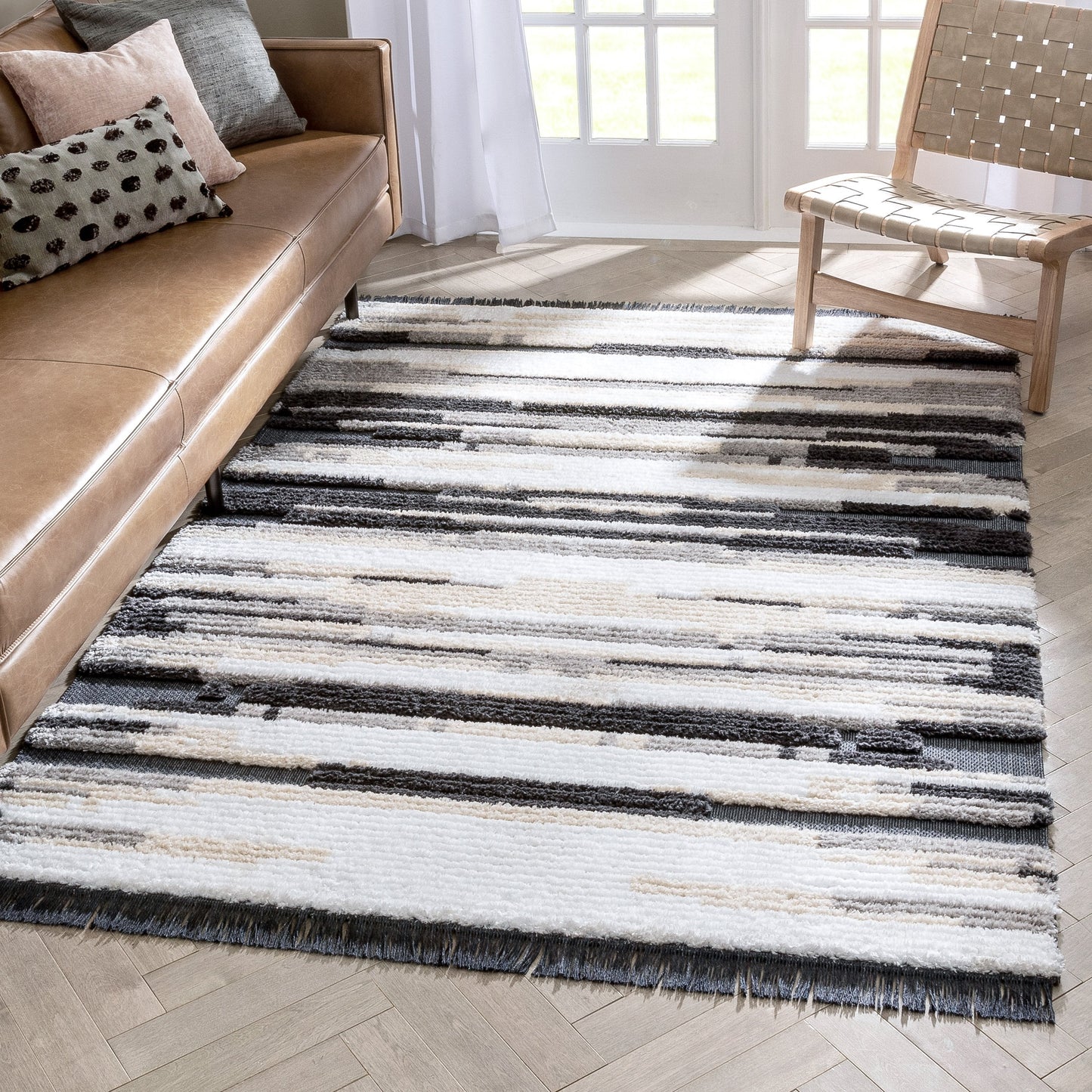 Tiva Tribal Geometric Stripes Grey High-Low Textured Pile Rug MYA-57