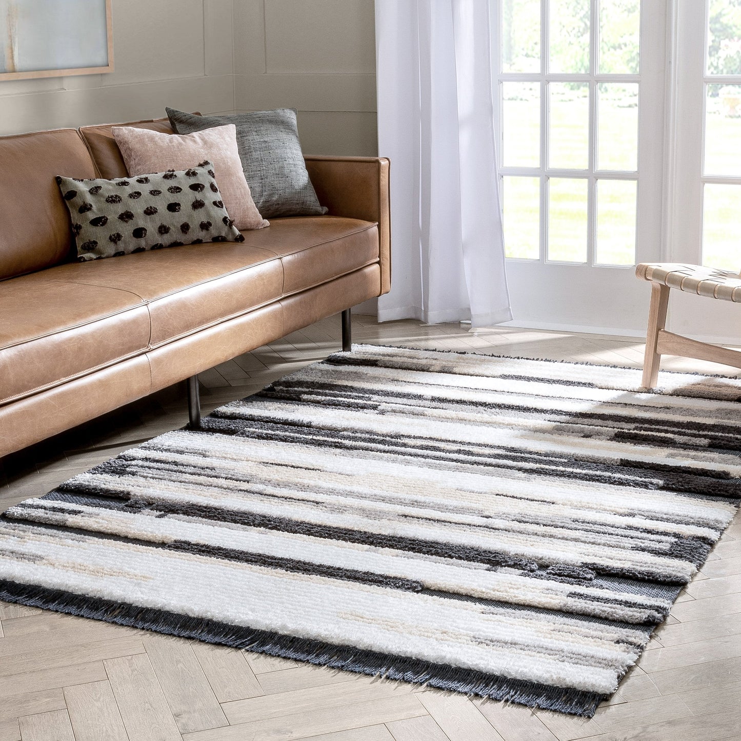Tiva Tribal Geometric Stripes Grey High-Low Textured Pile Rug MYA-57
