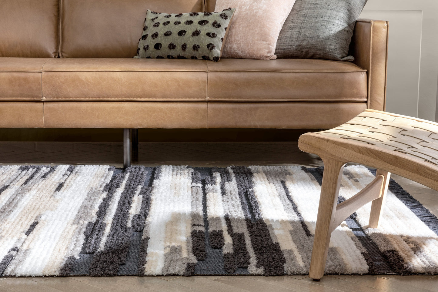 Tiva Tribal Geometric Stripes Grey High-Low Textured Pile Rug MYA-57