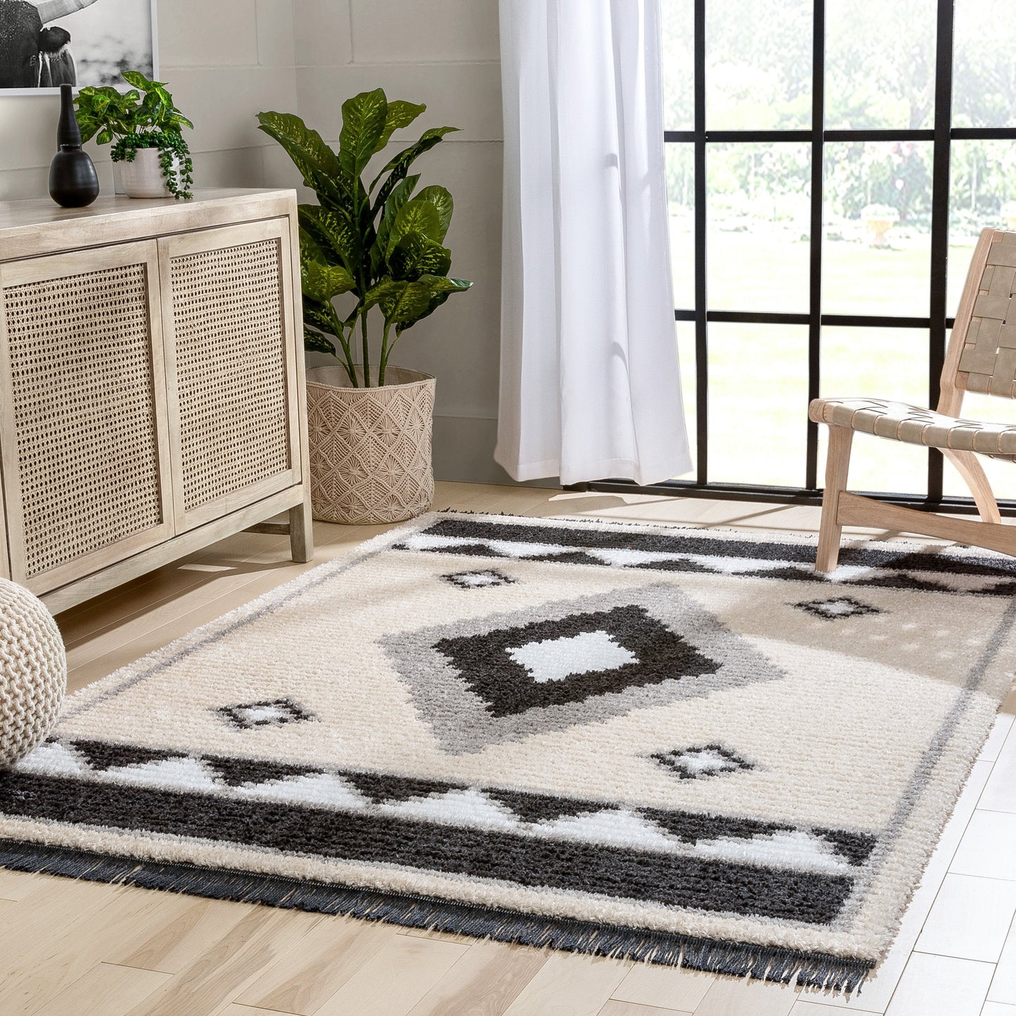 Una Moroccan Diamond Medallion Pattern Grey High-Low Textured Pile Rug MYA-67