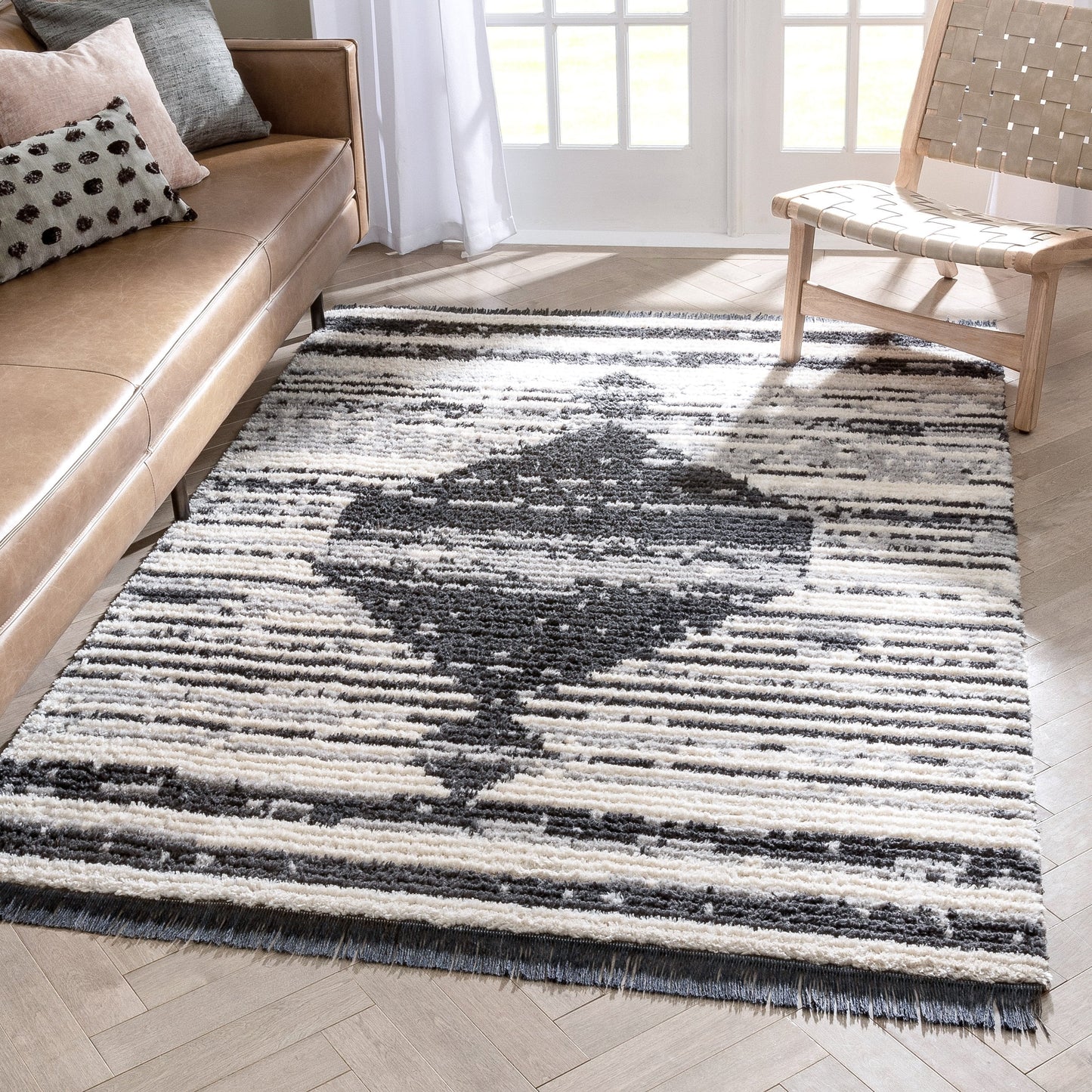 Sakari Moroccan Diamond Medallion Pattern Grey High-Low Textured Pile Rug MYA-77
