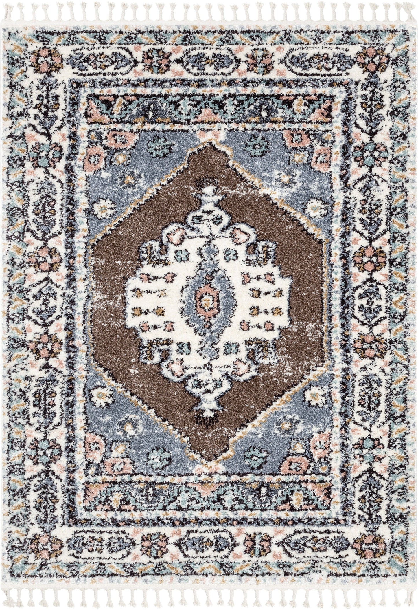 Loire Vintage Medallion Oriental Brown Shag Rug NAL-78