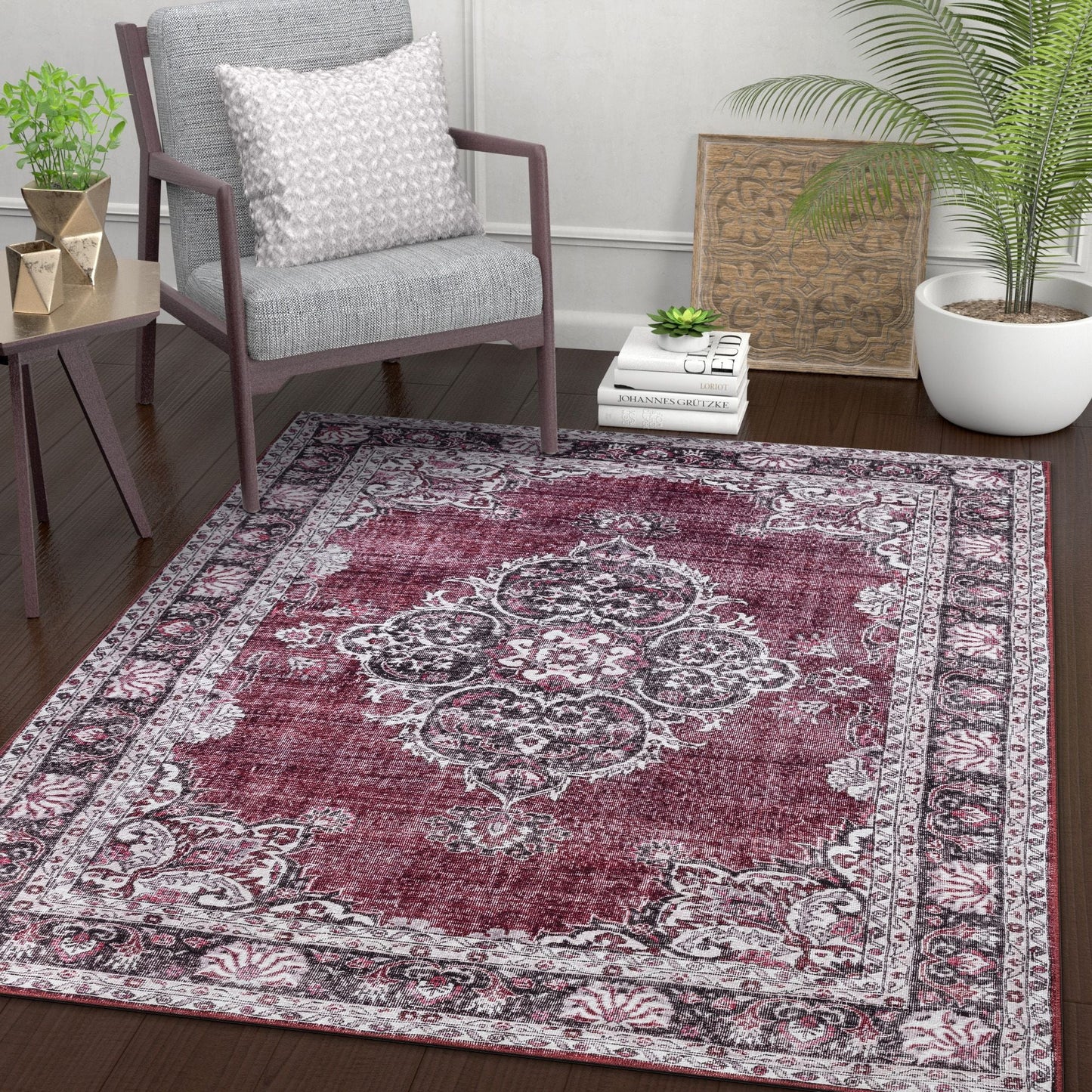 Tarifa Vintage Bohemian Medallion Red Machine Washable Rug NIL-00
