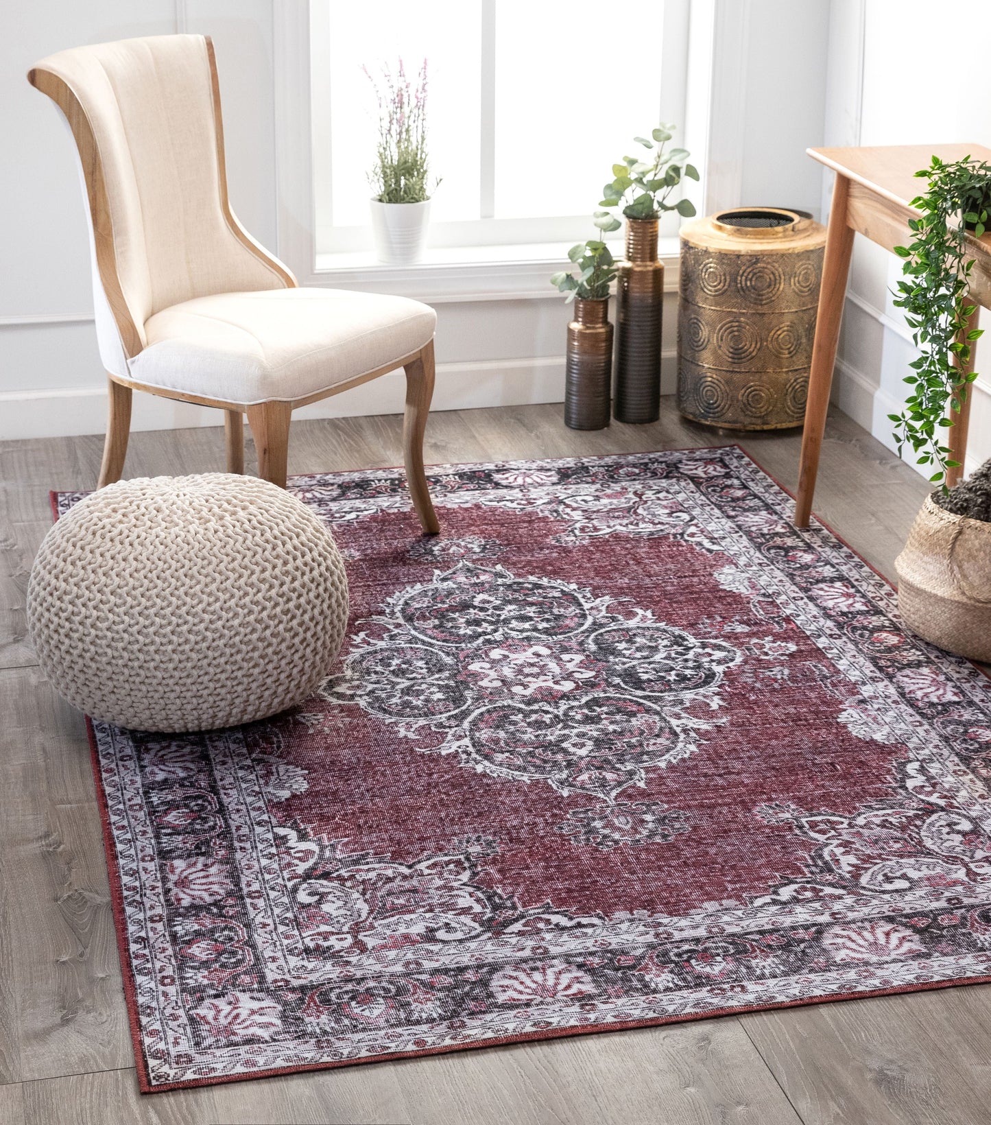 Tarifa Vintage Bohemian Medallion Red Machine Washable Rug NIL-00