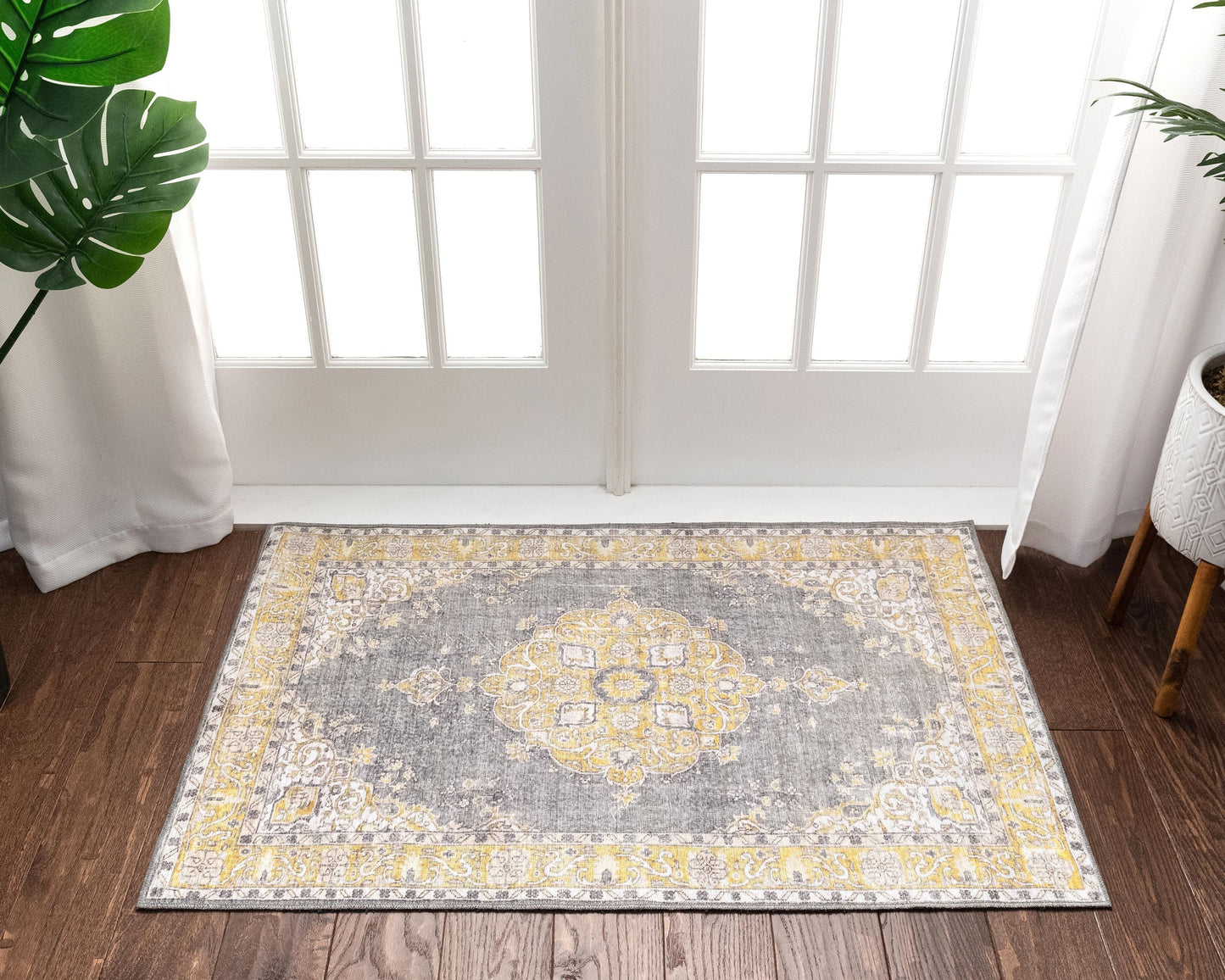 Tarifa Vintage Bohemian Medallion Yellow Machine Washable Rug NIL-01
