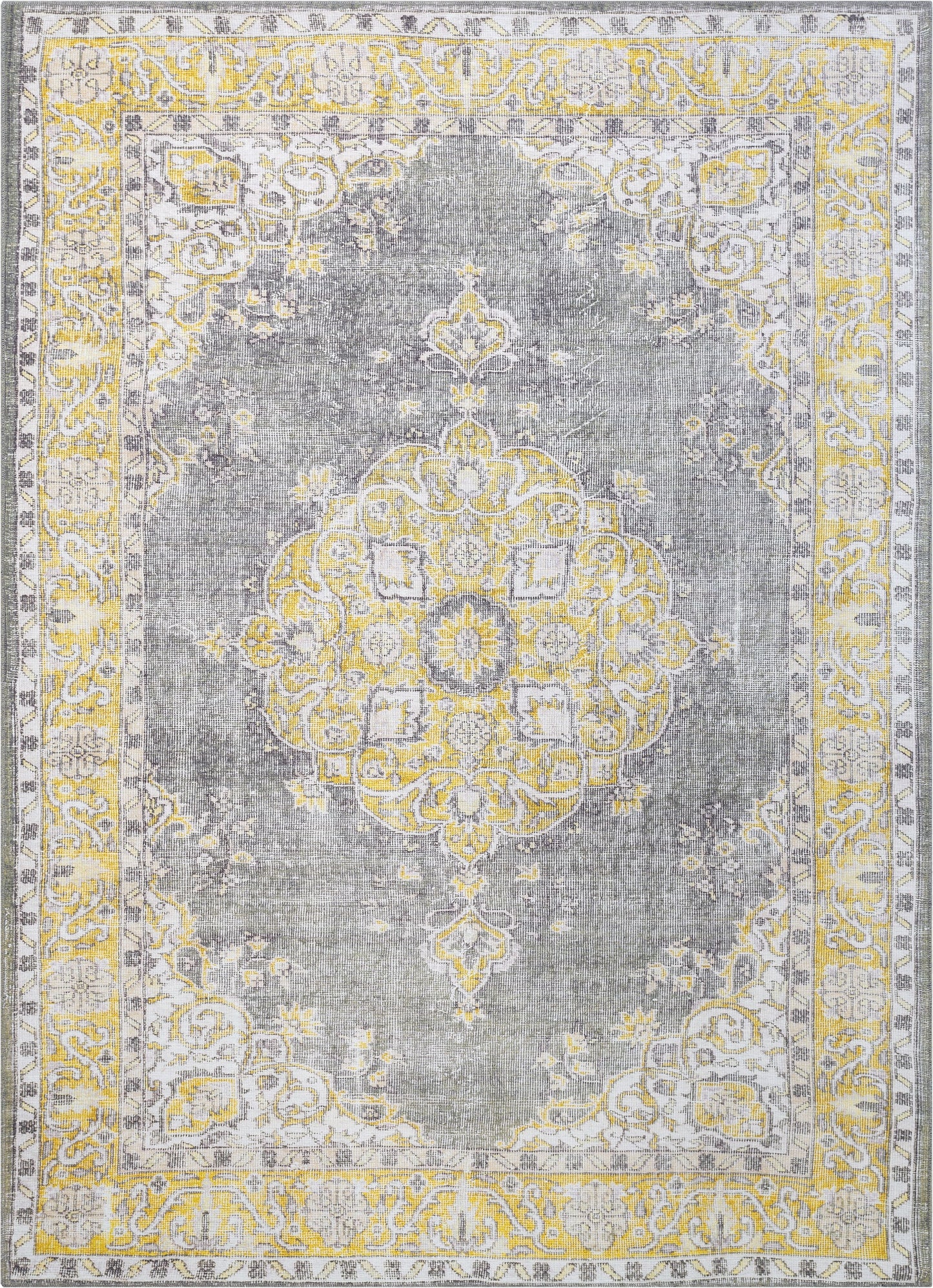 Tarifa Vintage Bohemian Medallion Yellow Machine Washable Rug NIL-01