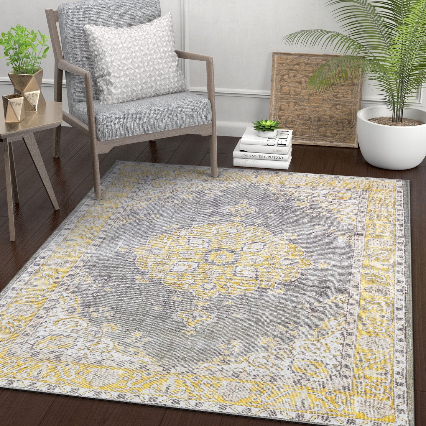 Tarifa Vintage Bohemian Medallion Yellow Machine Washable Rug NIL-01