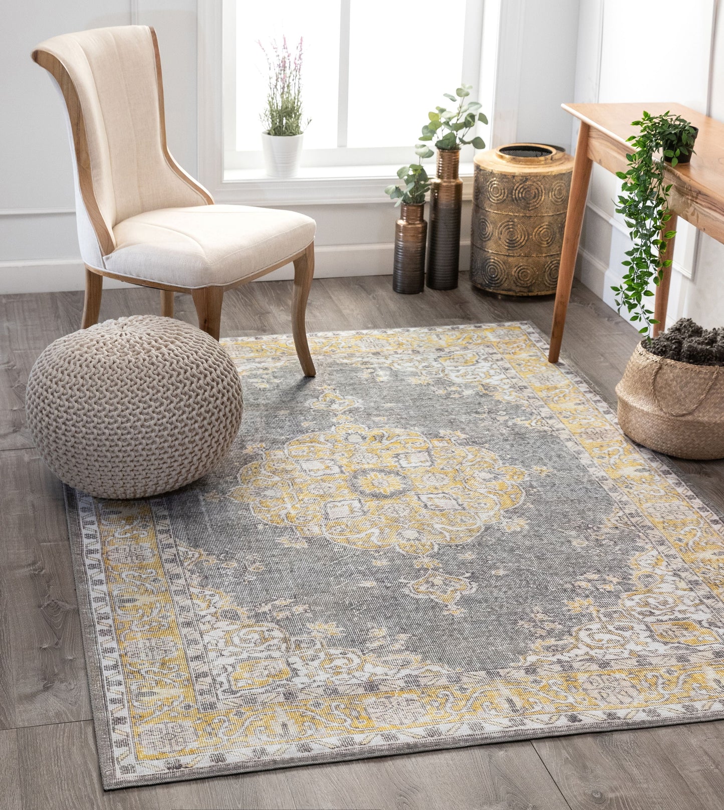Tarifa Vintage Bohemian Medallion Yellow Machine Washable Rug NIL-01