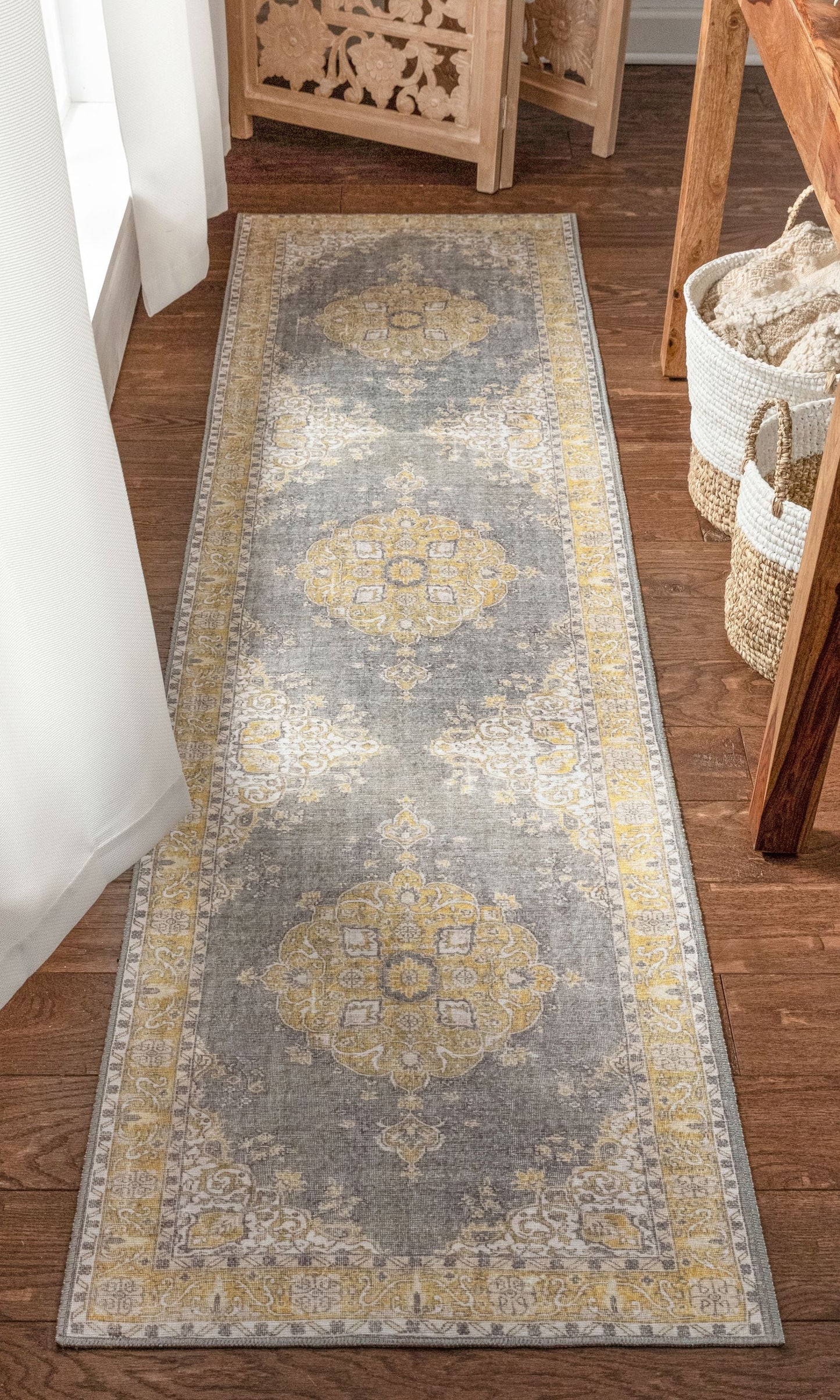Tarifa Vintage Bohemian Medallion Yellow Machine Washable Rug NIL-01