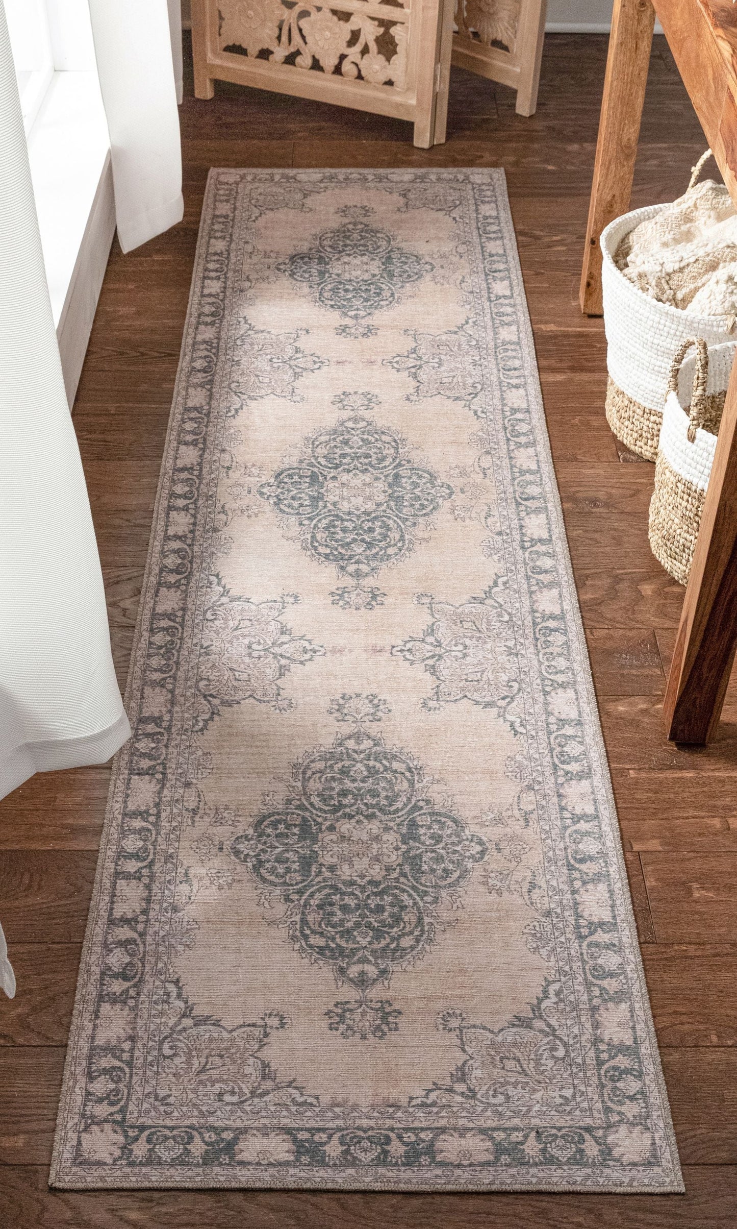 Tarifa Vintage Bohemian Medallion Beige Machine Washable Rug NIL-02