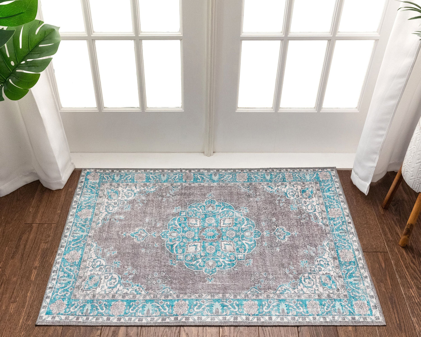Tarifa Vintage Bohemian Medallion Light Blue Machine Washable Rug NIL-06