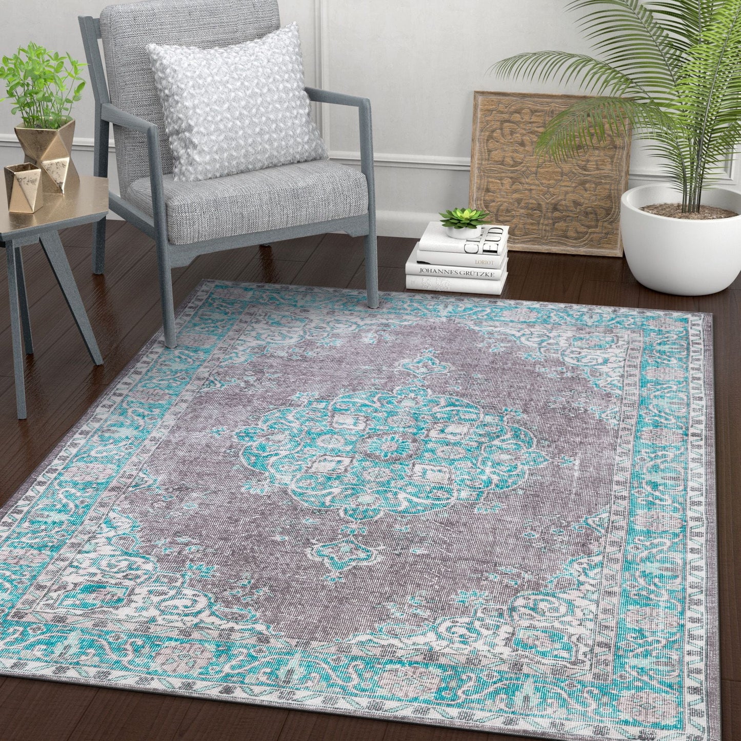Tarifa Vintage Bohemian Medallion Light Blue Machine Washable Rug NIL-06