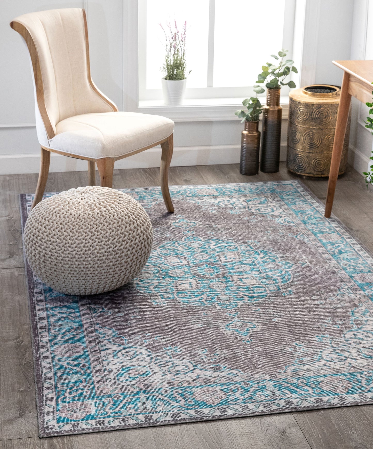 Tarifa Vintage Bohemian Medallion Light Blue Machine Washable Rug NIL-06