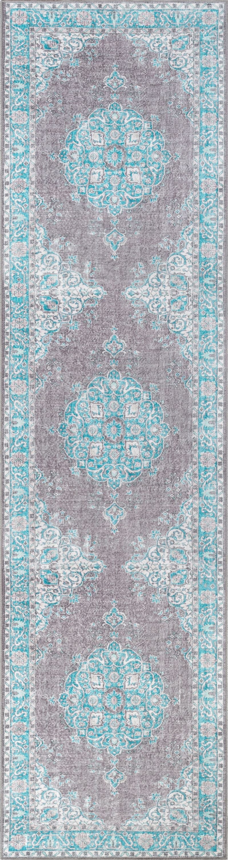 Tarifa Vintage Bohemian Medallion Light Blue Machine Washable Rug NIL-06