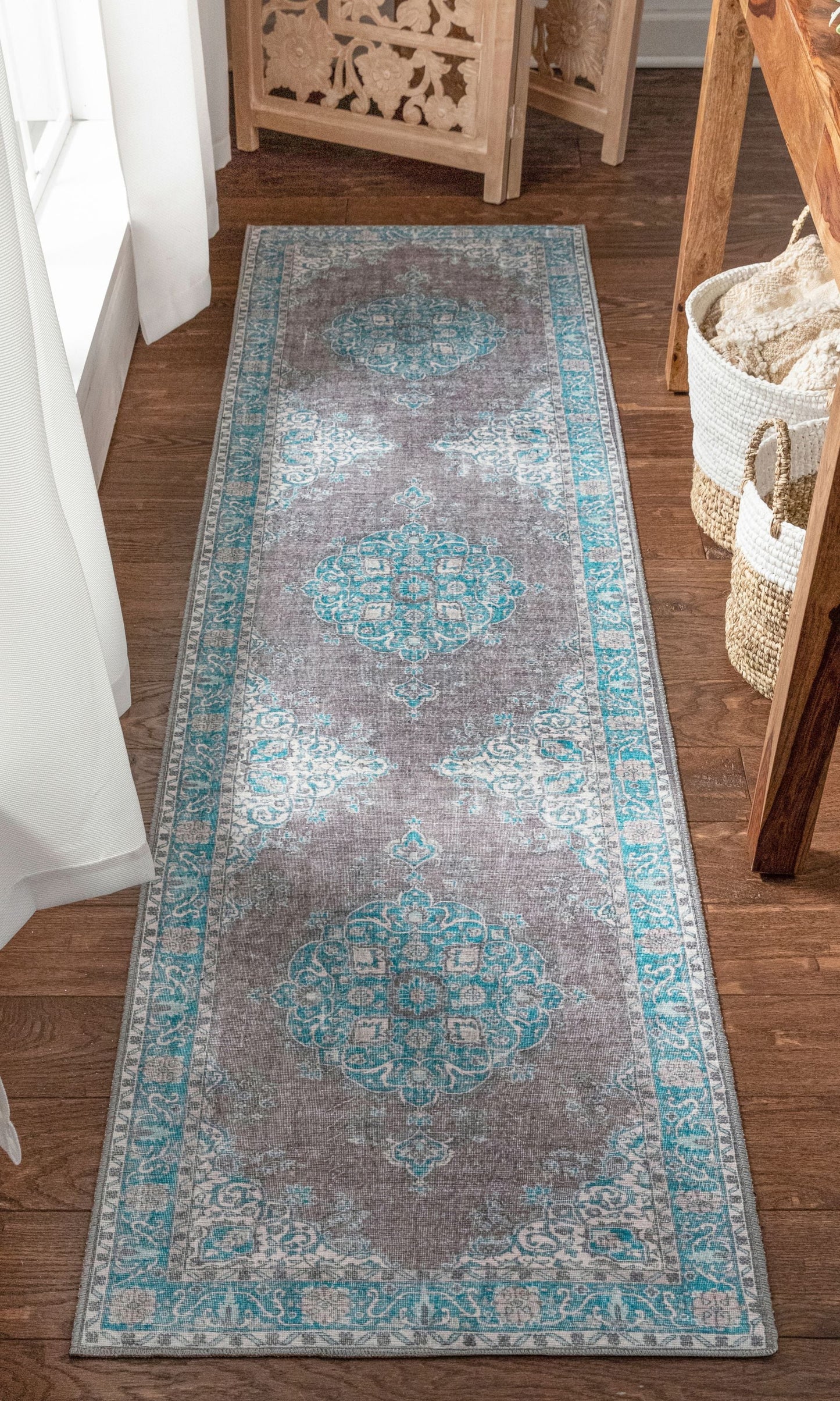 Tarifa Vintage Bohemian Medallion Light Blue Machine Washable Rug NIL-06