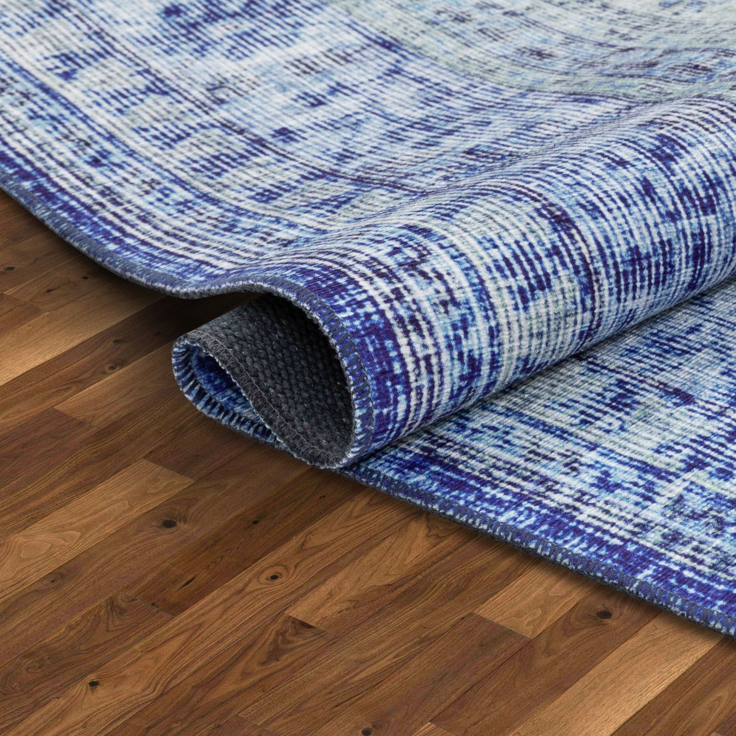 Gila Machine Washable Vintage Bohemian Medallion Oriental Dark Blue Flat-Weave Distressed Rug NIL-14
