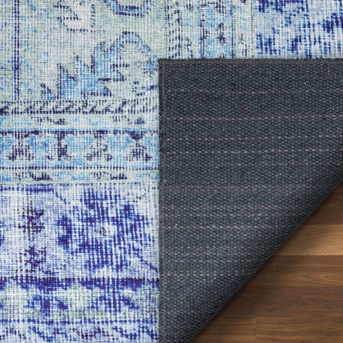 Gila Machine Washable Vintage Bohemian Medallion Oriental Dark Blue Flat-Weave Distressed Rug NIL-14