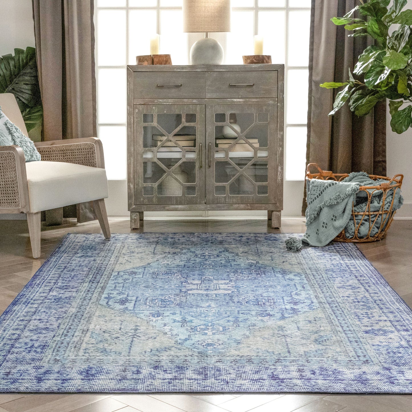 Gila Machine Washable Vintage Bohemian Medallion Oriental Dark Blue Flat-Weave Distressed Rug NIL-14
