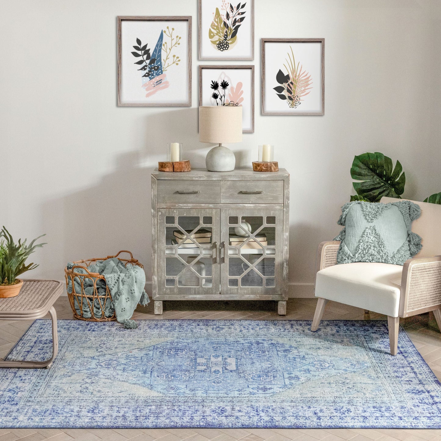 Gila Machine Washable Vintage Bohemian Medallion Oriental Dark Blue Flat-Weave Distressed Rug NIL-14