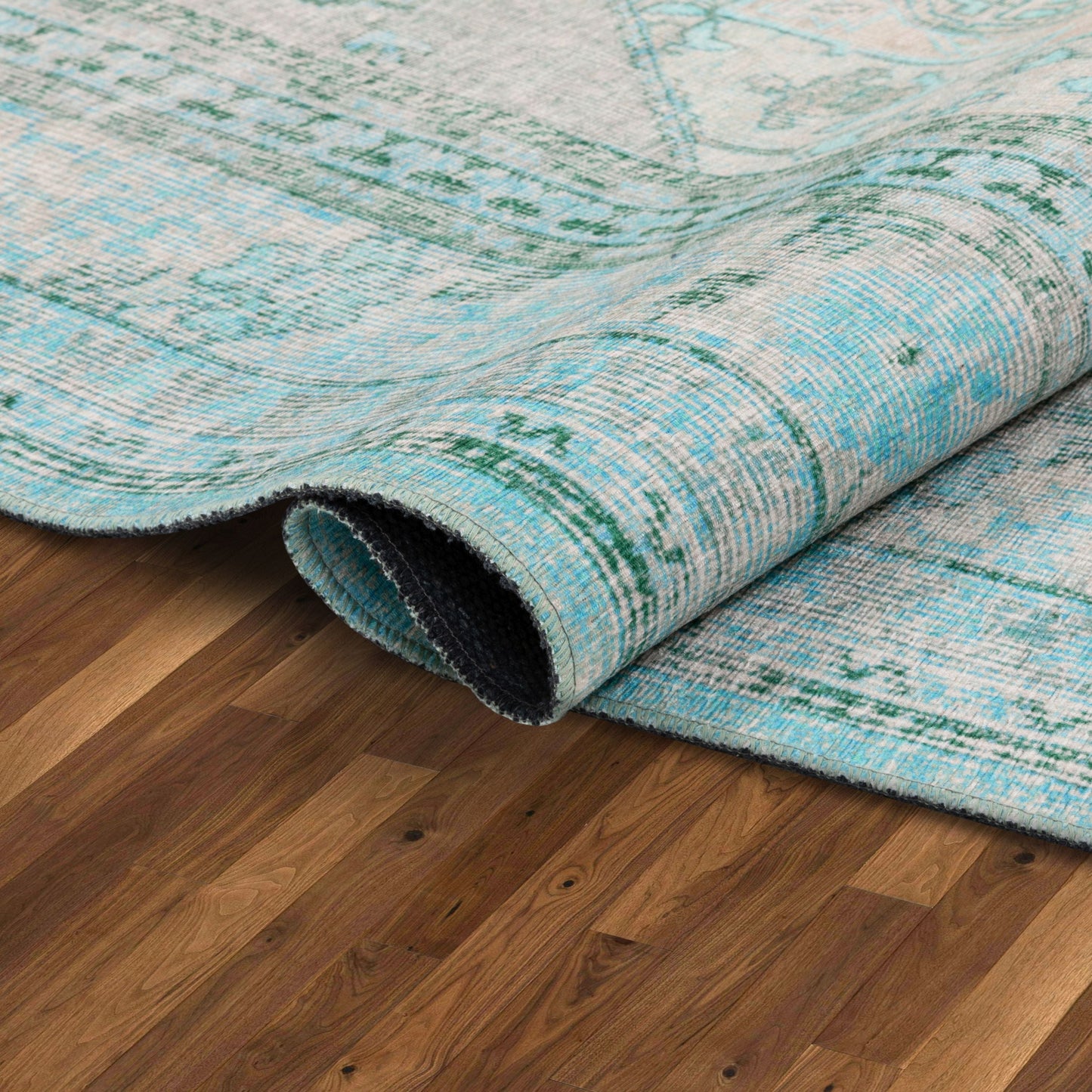 Gila Machine Washable Vintage Bohemian Medallion Oriental Green Flat-Weave Distressed Rug NIL-15