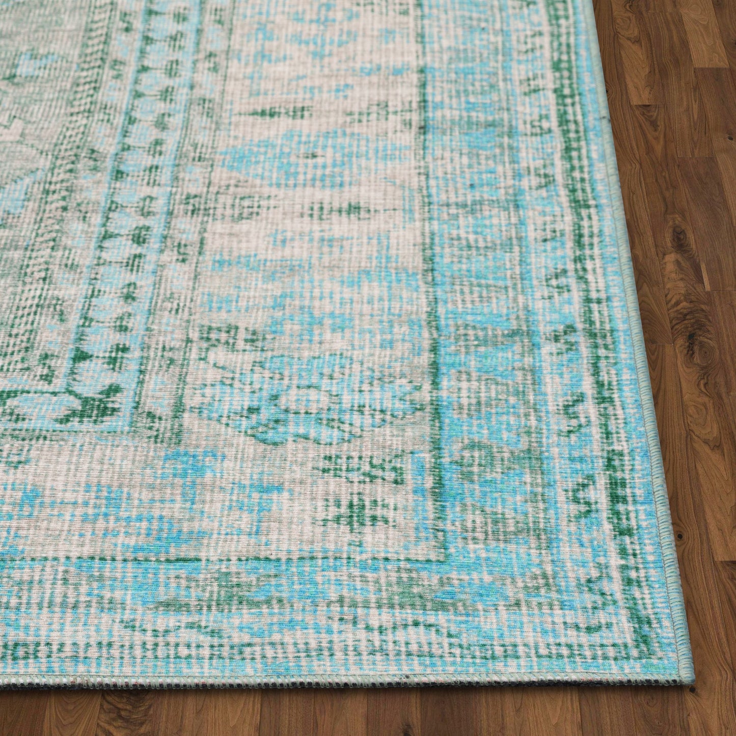 Gila Machine Washable Vintage Bohemian Medallion Oriental Green Flat-Weave Distressed Rug NIL-15