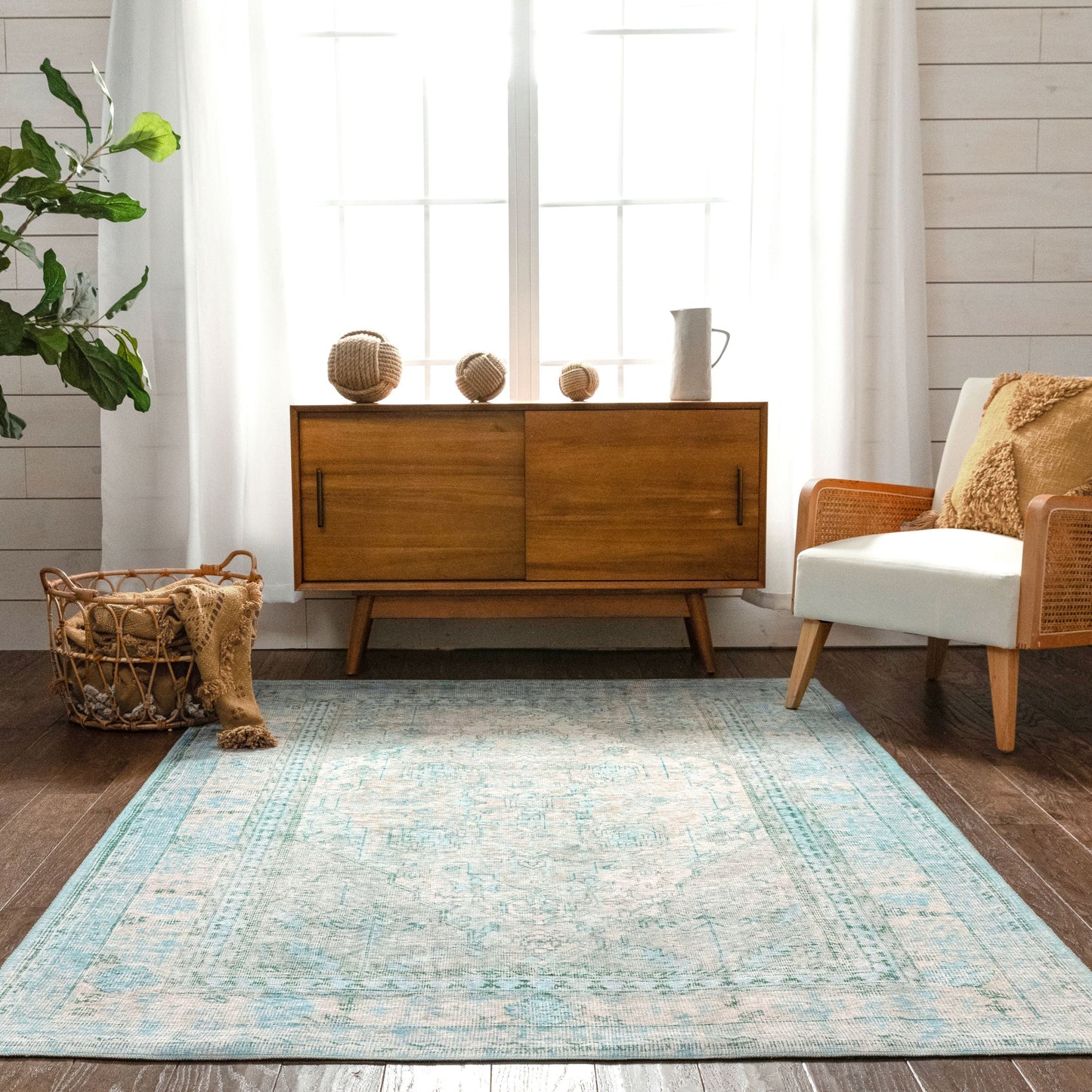 Gila Machine Washable Vintage Bohemian Medallion Oriental Green Flat-Weave Distressed Rug NIL-15