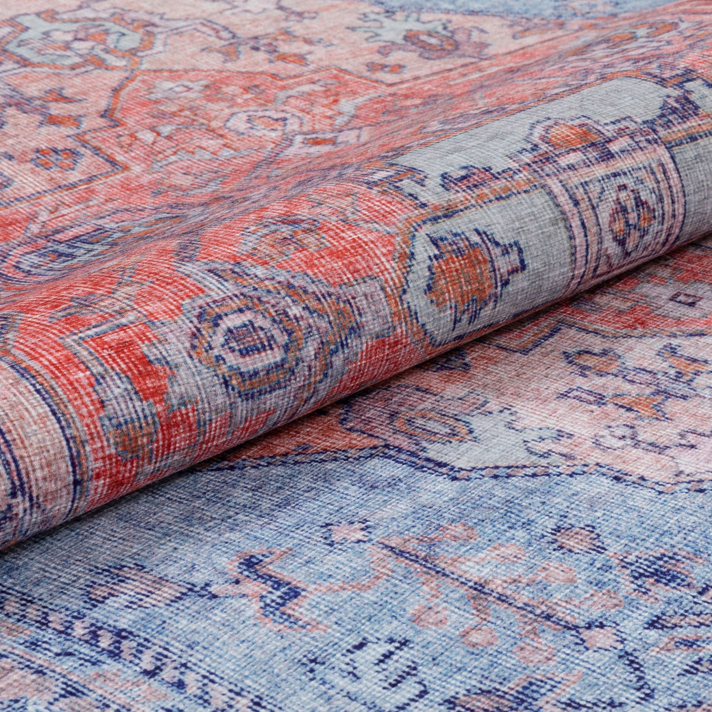 Gila Machine Washable Vintage Bohemian Medallion Oriental Blue Red Flat-Weave Distressed Rug NIL-16