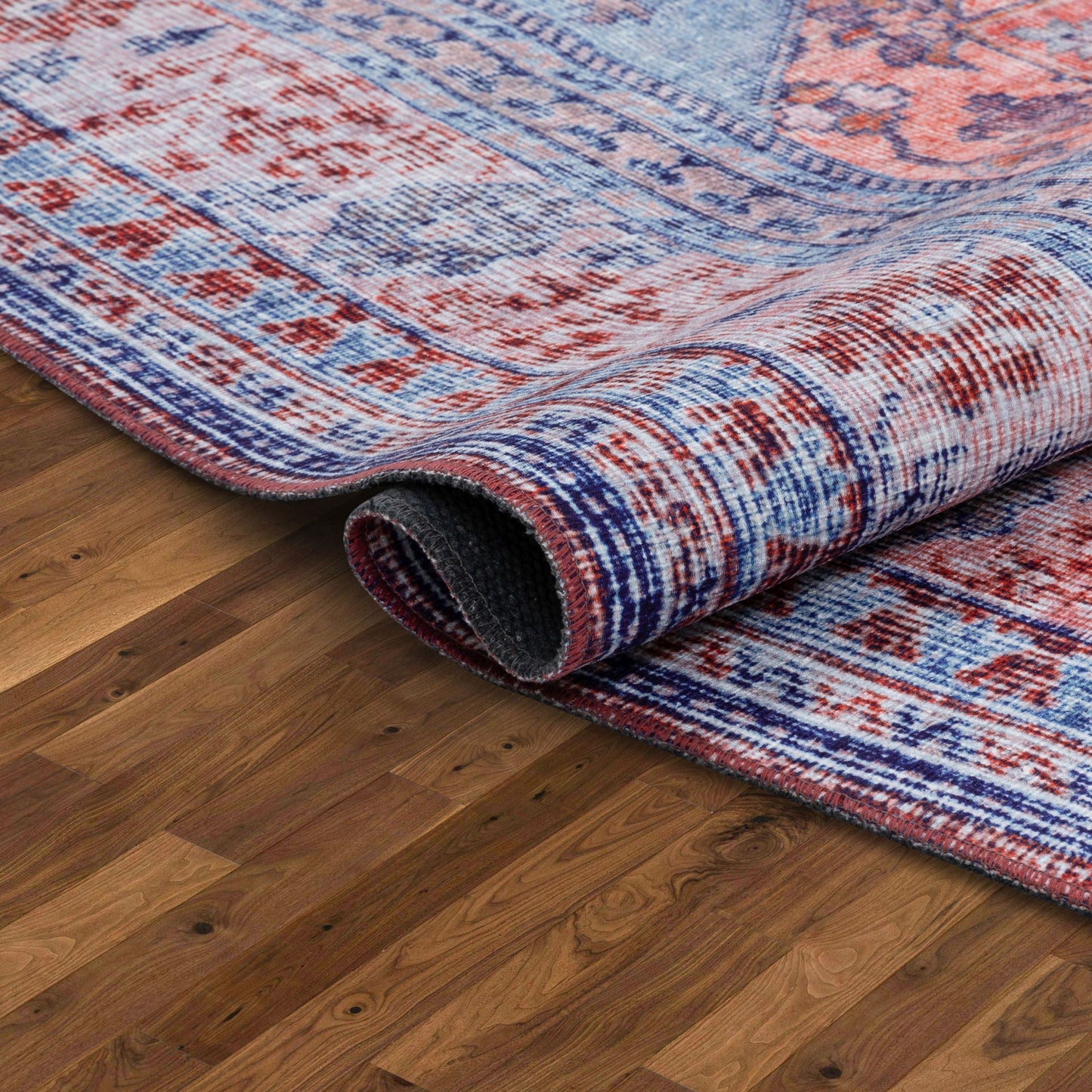 Gila Machine Washable Vintage Bohemian Medallion Oriental Blue Red Flat-Weave Distressed Rug NIL-16