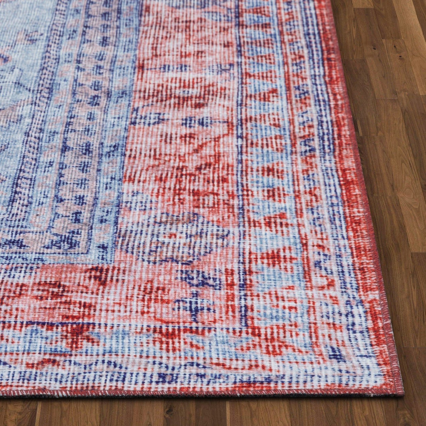 Gila Machine Washable Vintage Bohemian Medallion Oriental Blue Red Flat-Weave Distressed Rug NIL-16