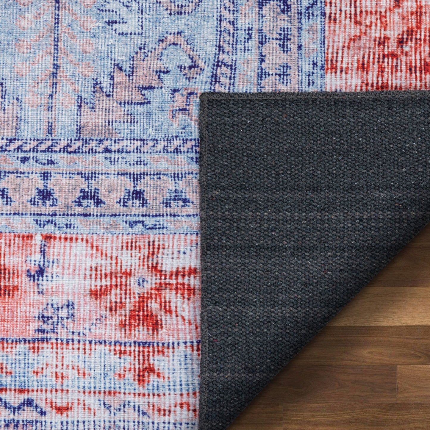 Gila Machine Washable Vintage Bohemian Medallion Oriental Blue Red Flat-Weave Distressed Rug NIL-16