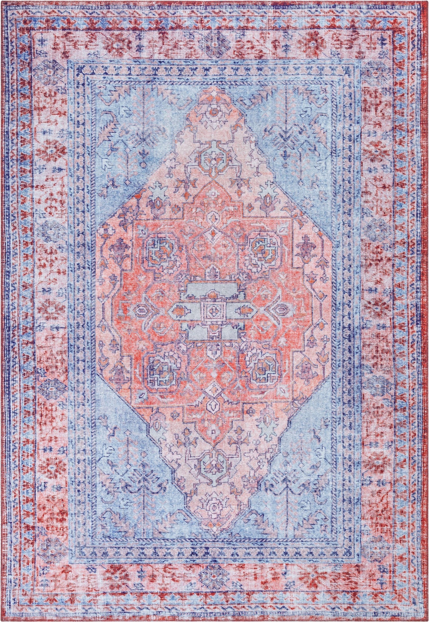 Gila Machine Washable Vintage Bohemian Medallion Oriental Blue Red Flat-Weave Distressed Rug NIL-16