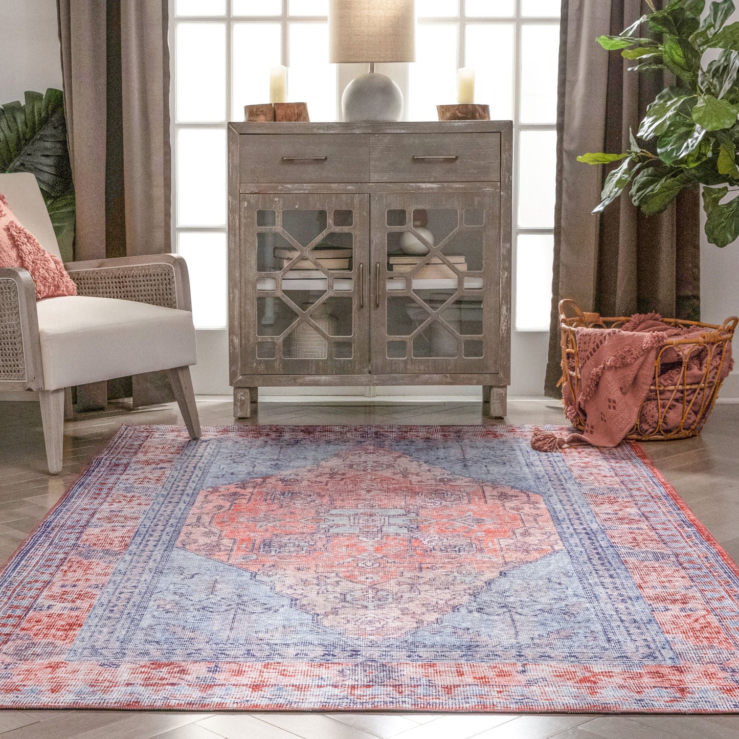 Gila Machine Washable Vintage Bohemian Medallion Oriental Blue Red Flat-Weave Distressed Rug NIL-16