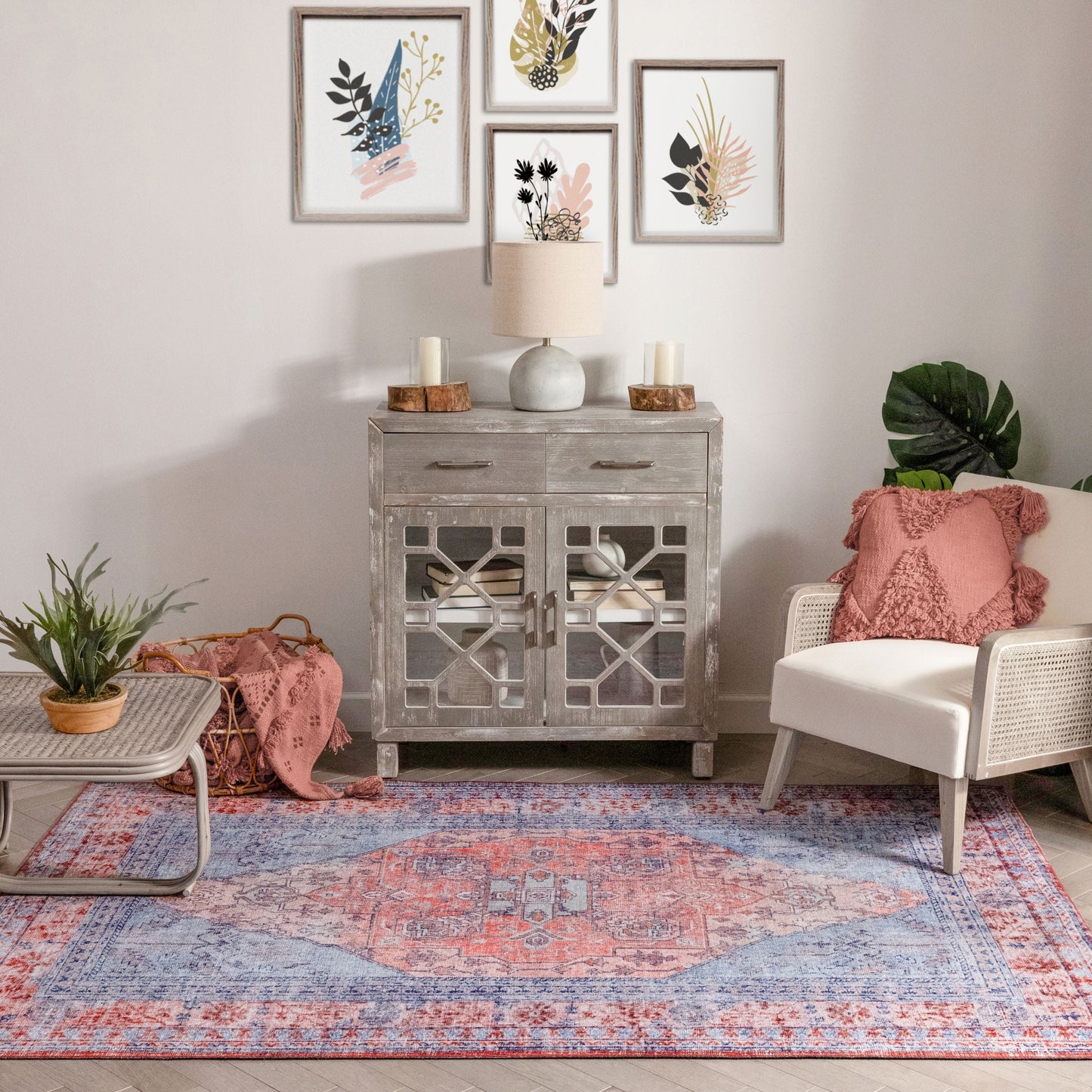 Gila Machine Washable Vintage Bohemian Medallion Oriental Blue Red Flat-Weave Distressed Rug NIL-16