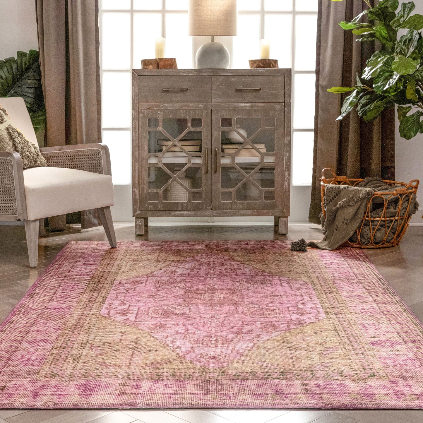 Gila Machine Washable Vintage Bohemian Medallion Oriental Pink Flat-Weave Distressed Rug NIL-19