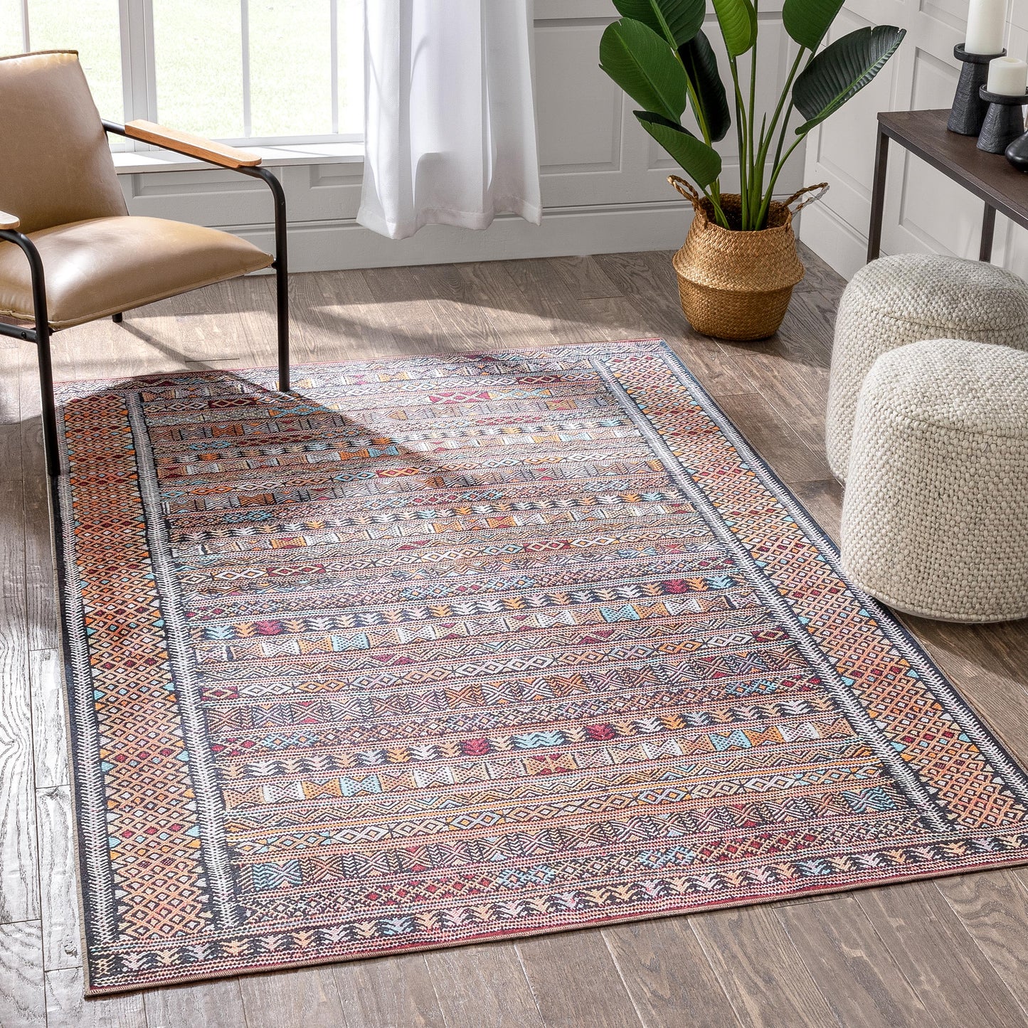 Murcia Machine Washable Tribal Ethnic Vintage Red Flat-Weave Rug NIL-20