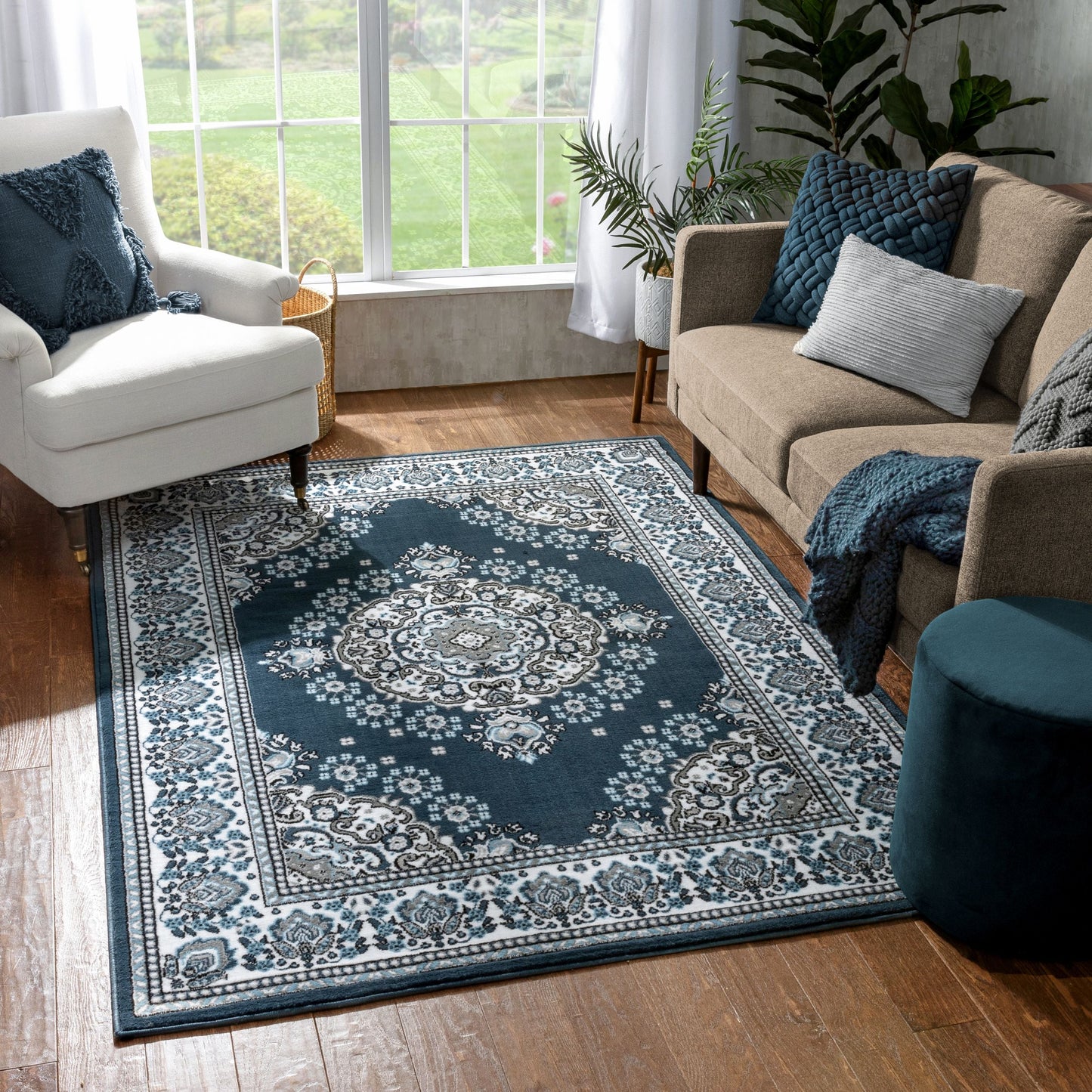 Malika Traditional Medallion Persian Floral Dark Blue Rug PA-114