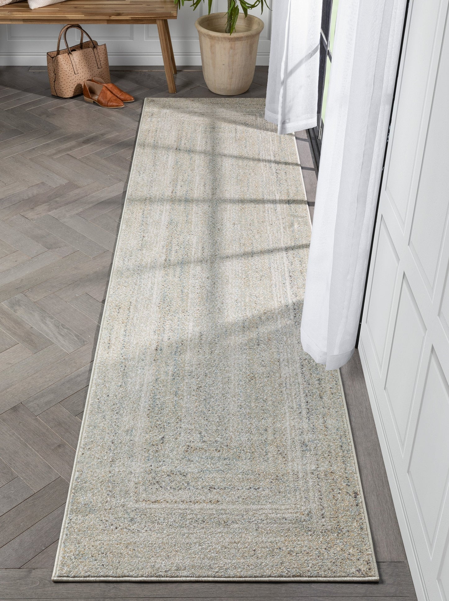Chindi Bohemian Vintage Solid & Striped Multi-Color Green Ivory Braided Pattern Rug RO-315