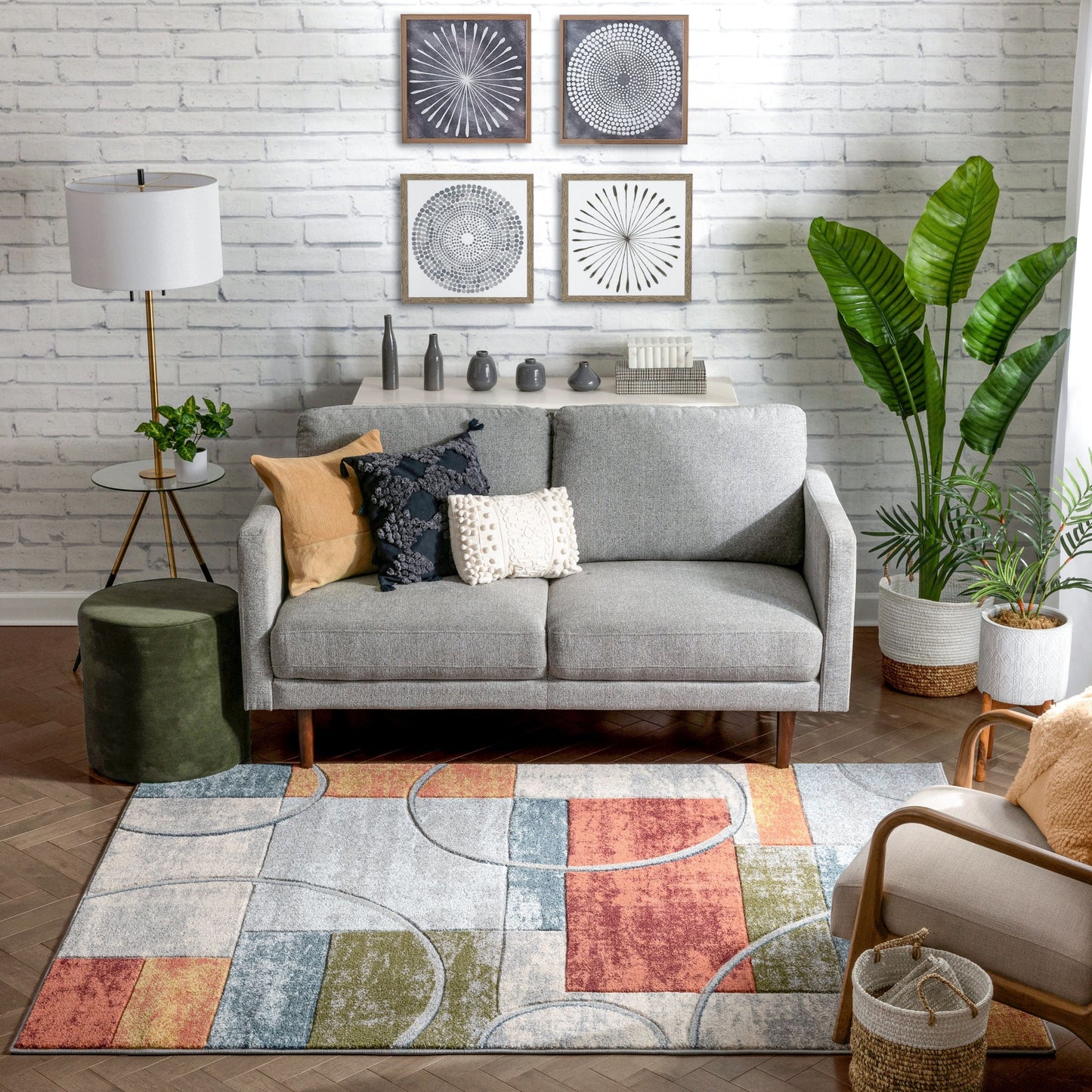 Jive Modern Abstract Geometric Arcs & Shapes Multi Distressed High-Low Rug RU-161