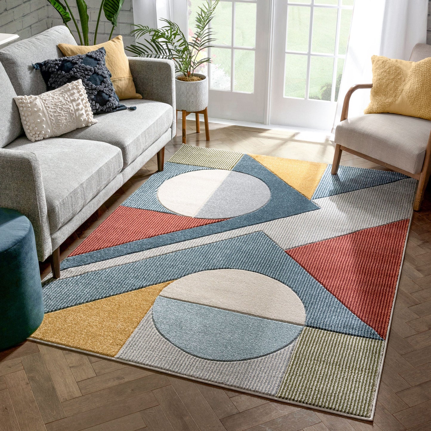 Glimmer Mid-Century Modern Geometric Pattern Multi Distressed High-Low Rug RU-181