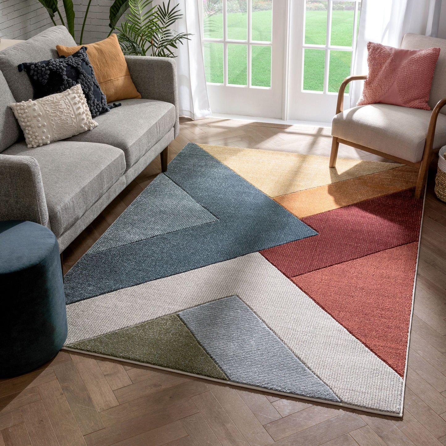 Alma Mid-Century Modern Geometric Triangle Pattern Multi Distressed High-Low Rug RU-206