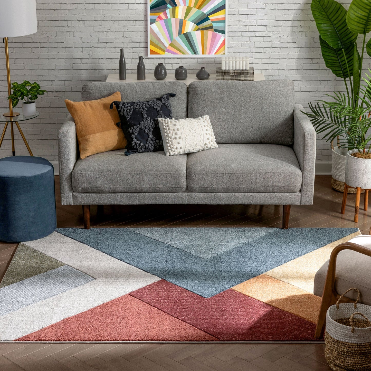 Alma Mid-Century Modern Geometric Triangle Pattern Multi Distressed High-Low Rug RU-206
