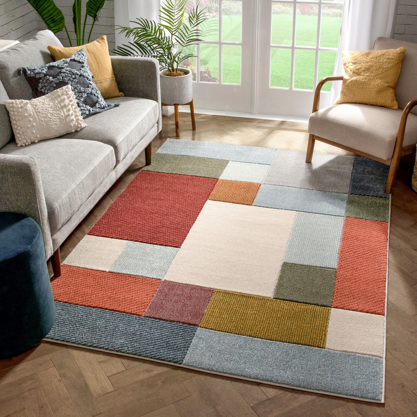 Addy Mid-Century Modern Geometric Squares Multi Distressed High-Low Rug RU-211
