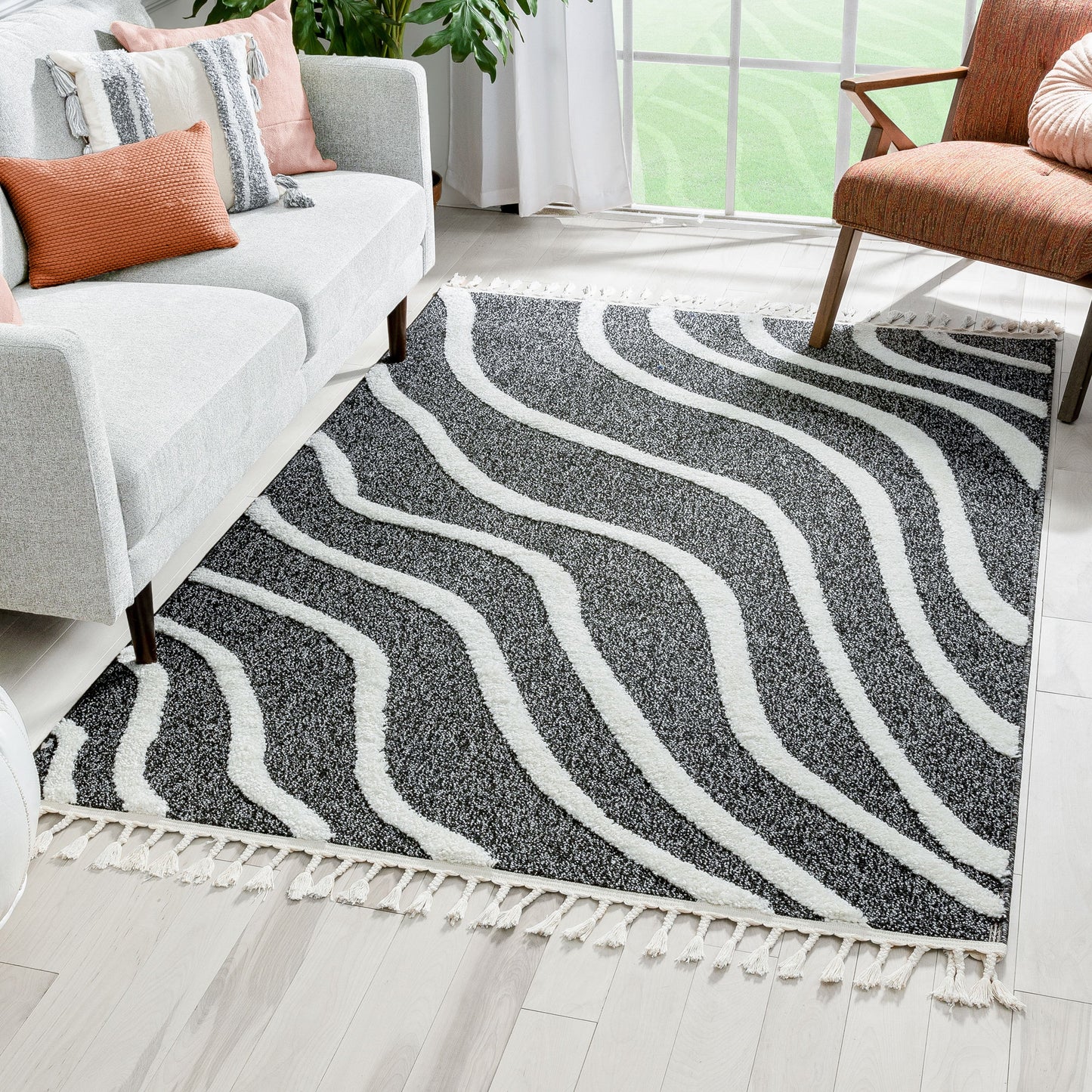 Lydia Contemporary Coastal Geometric Black High-Low Textured Rug SAL-103