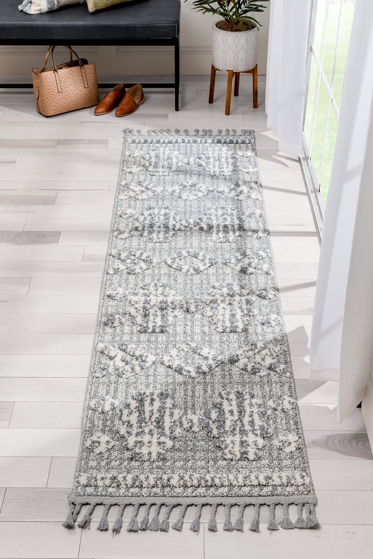 Savannah Tribal Geometric Pattern Grey High-Low Textured Rug SAL-117