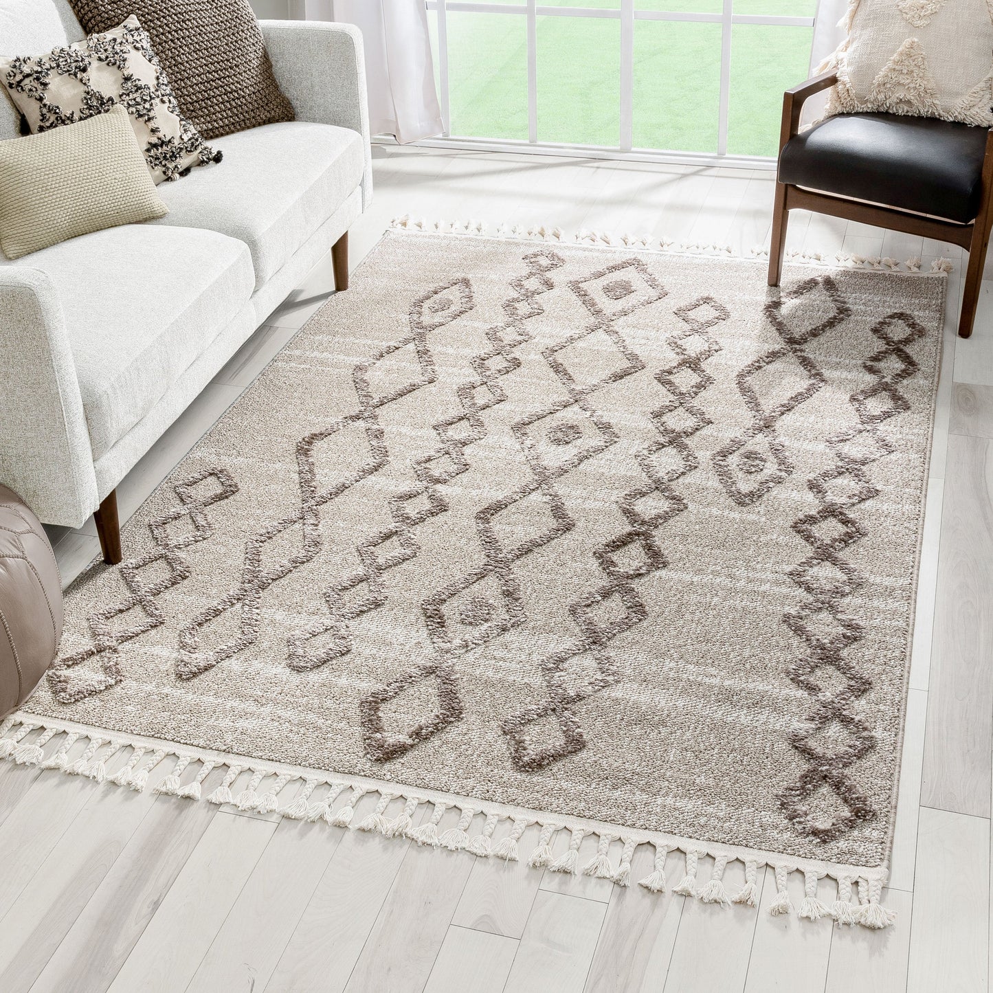 Skylar Moroccan Diamond Pattern Ivory/Brown High-Low Textured Rug SAL-12