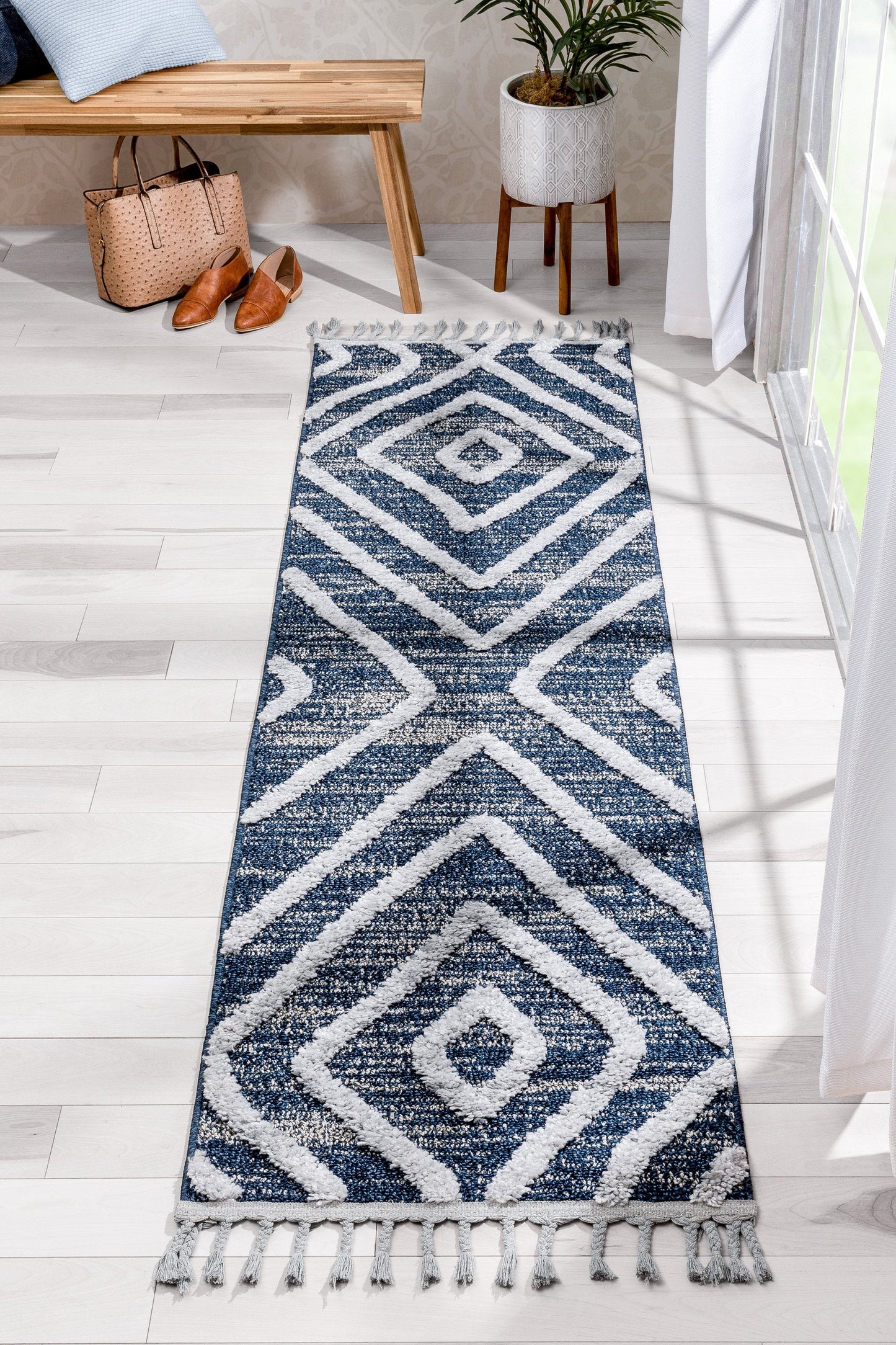 Willow Moroccan Lattice Trellis Blue High-Low Textured Rug SAL-24