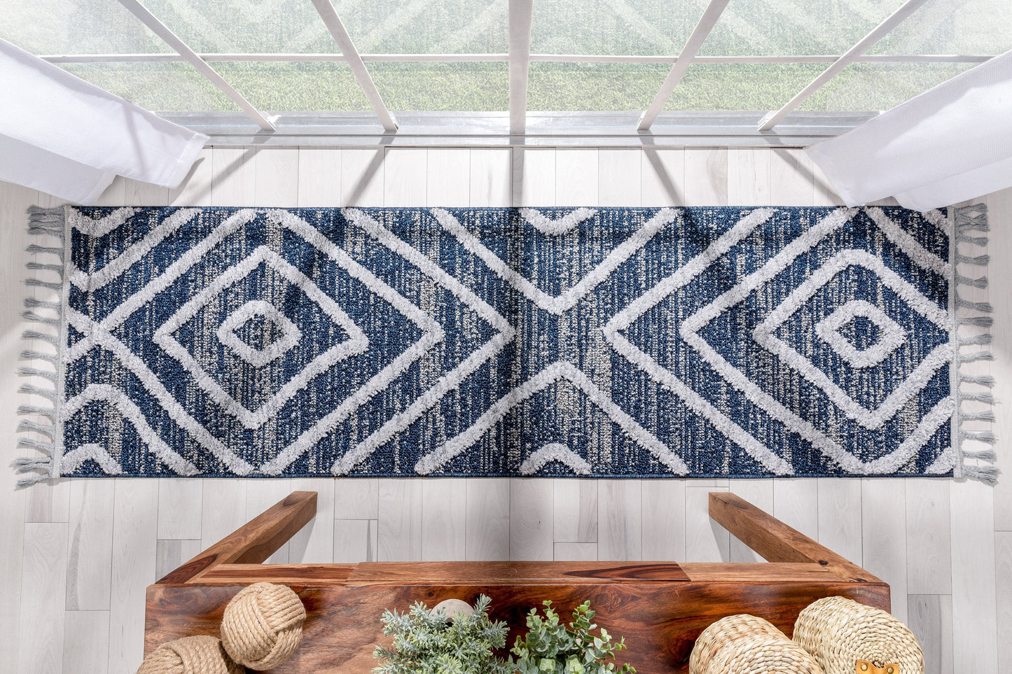 Willow Moroccan Lattice Trellis Blue High-Low Textured Rug SAL-24